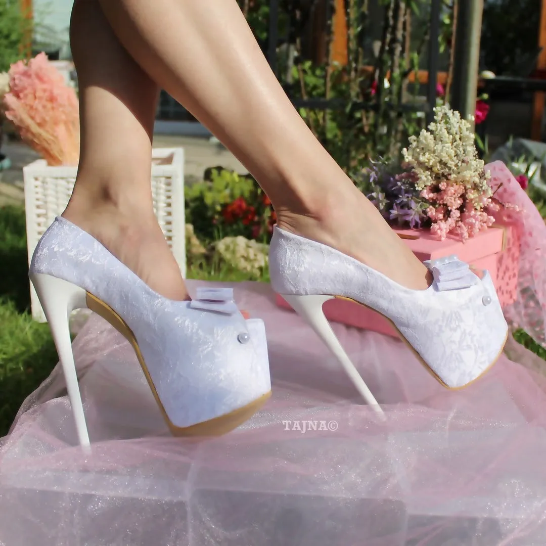 19 cm White Lace Platform Wedding Shoes