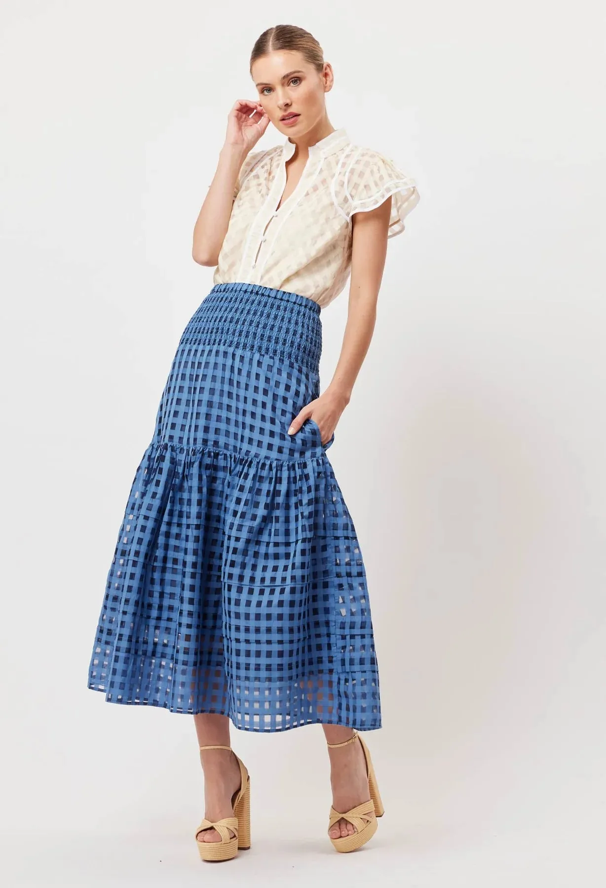 Antiqua cotton silk check skirt - laguna