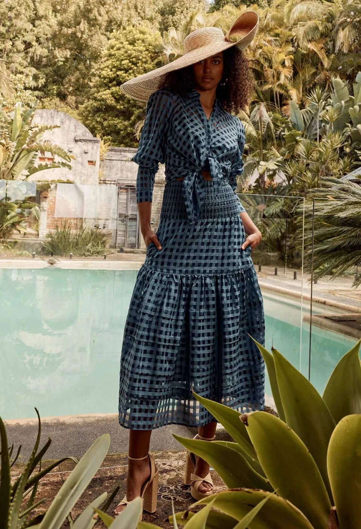 Antiqua cotton silk check skirt - laguna