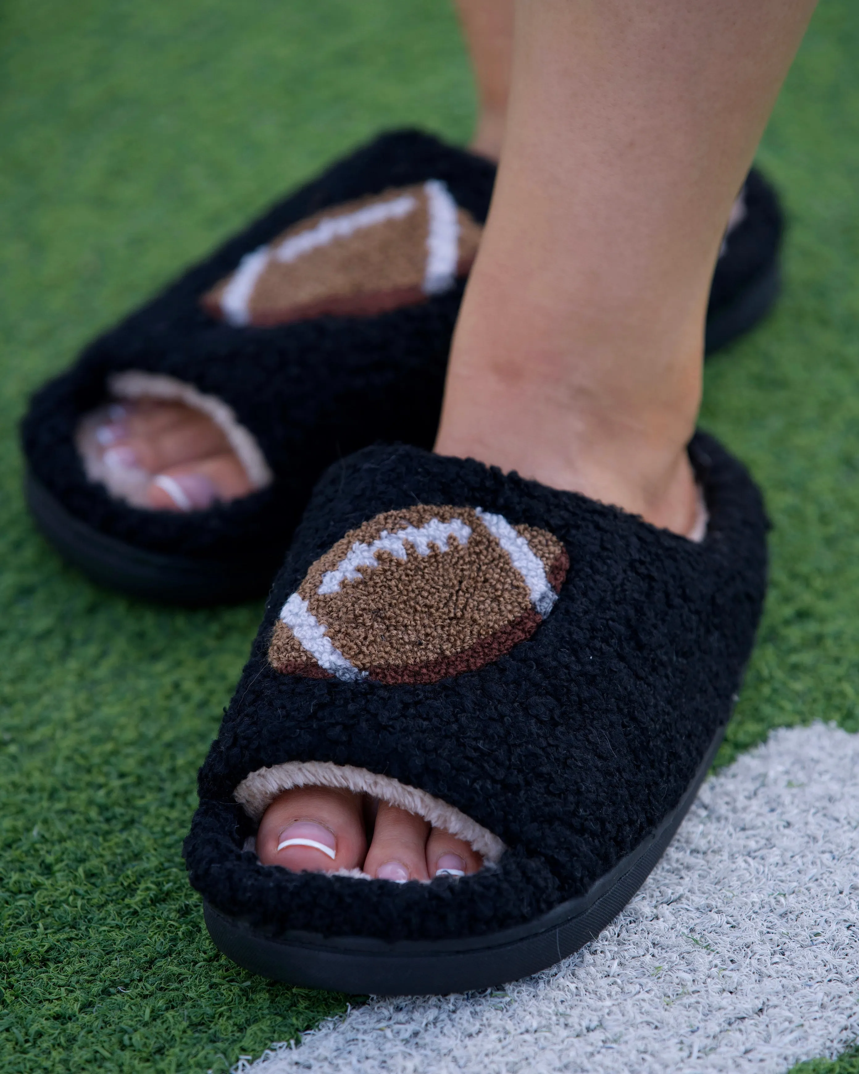 Black Cozy Plush Open Toe Football Slippers