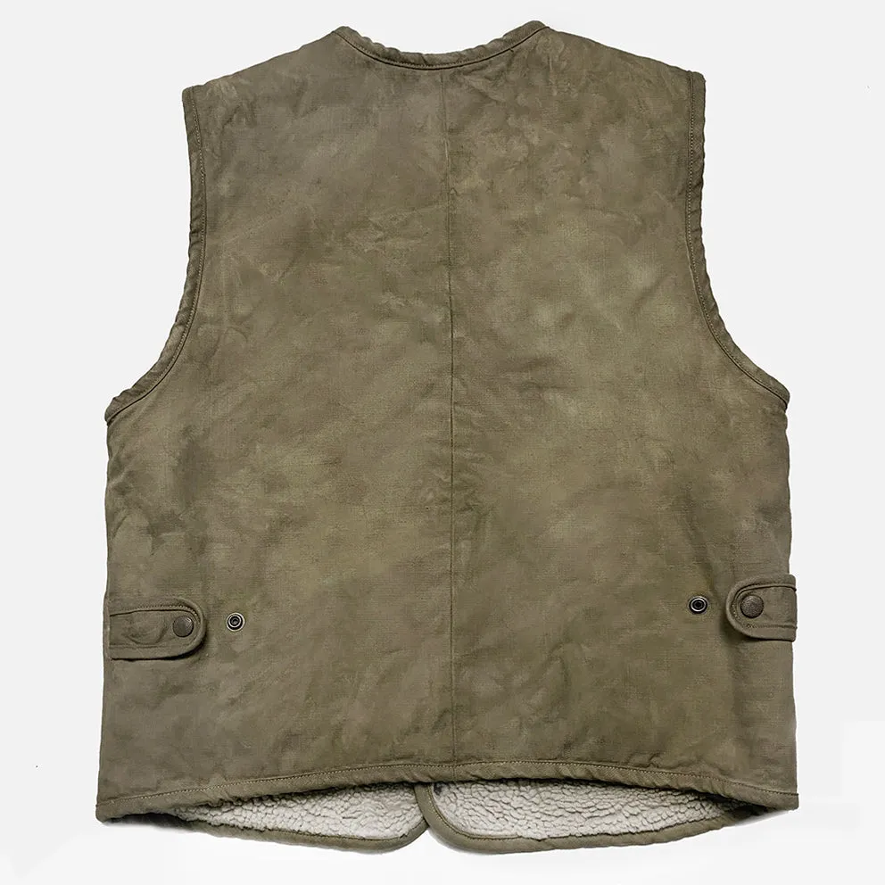 BZEN M.3203RR SILAS-MGC REGULAR FIT 4 POCKET ROUND NECK VEGGIE DYED CANVAS VEST WITH SHERPA LINING-12.5OZ-E0 MOSS GREEN