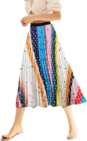 Dot Print Pleated Skirt for Women Elastic High Waist A-Line Skirts Midi Long Skirt