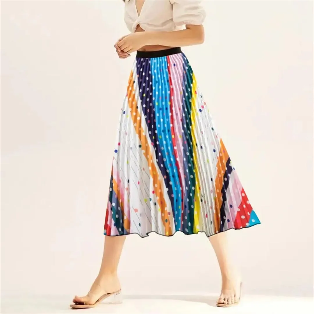 Dot Print Pleated Skirt for Women Elastic High Waist A-Line Skirts Midi Long Skirt