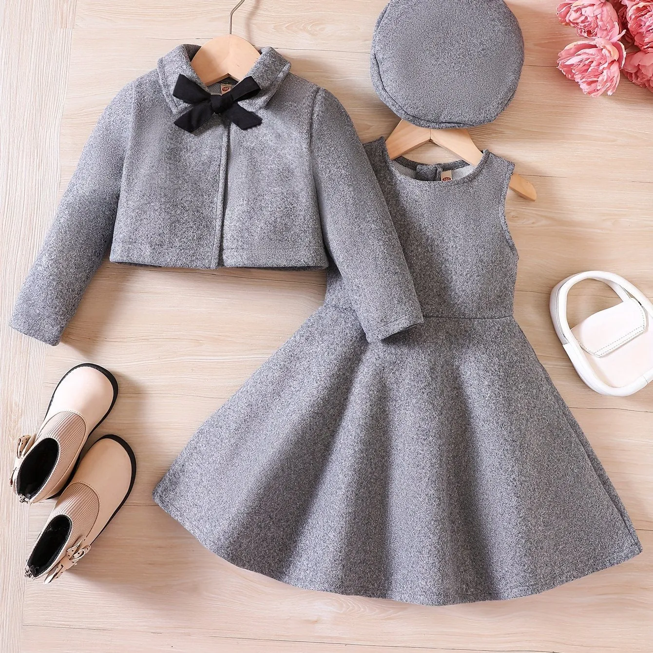 Elegant Girls' Outfit Set – Sleeveless Dress, Long-Sleeve Coat, and Beret