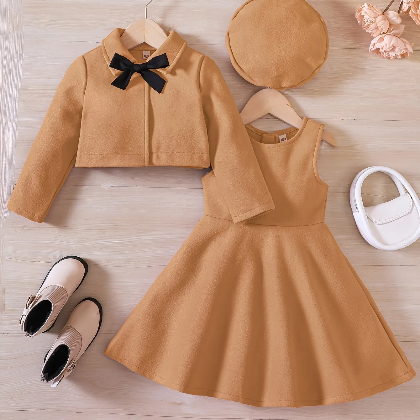 Elegant Girls' Outfit Set – Sleeveless Dress, Long-Sleeve Coat, and Beret