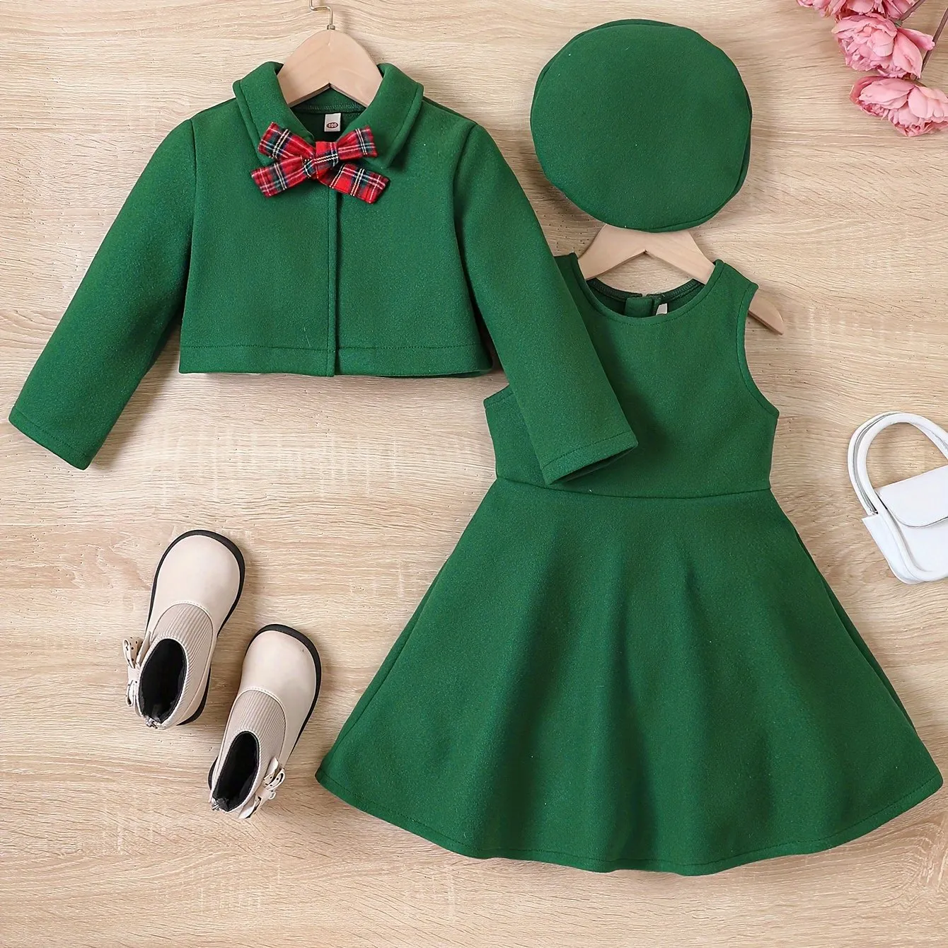 Elegant Girls' Outfit Set – Sleeveless Dress, Long-Sleeve Coat, and Beret