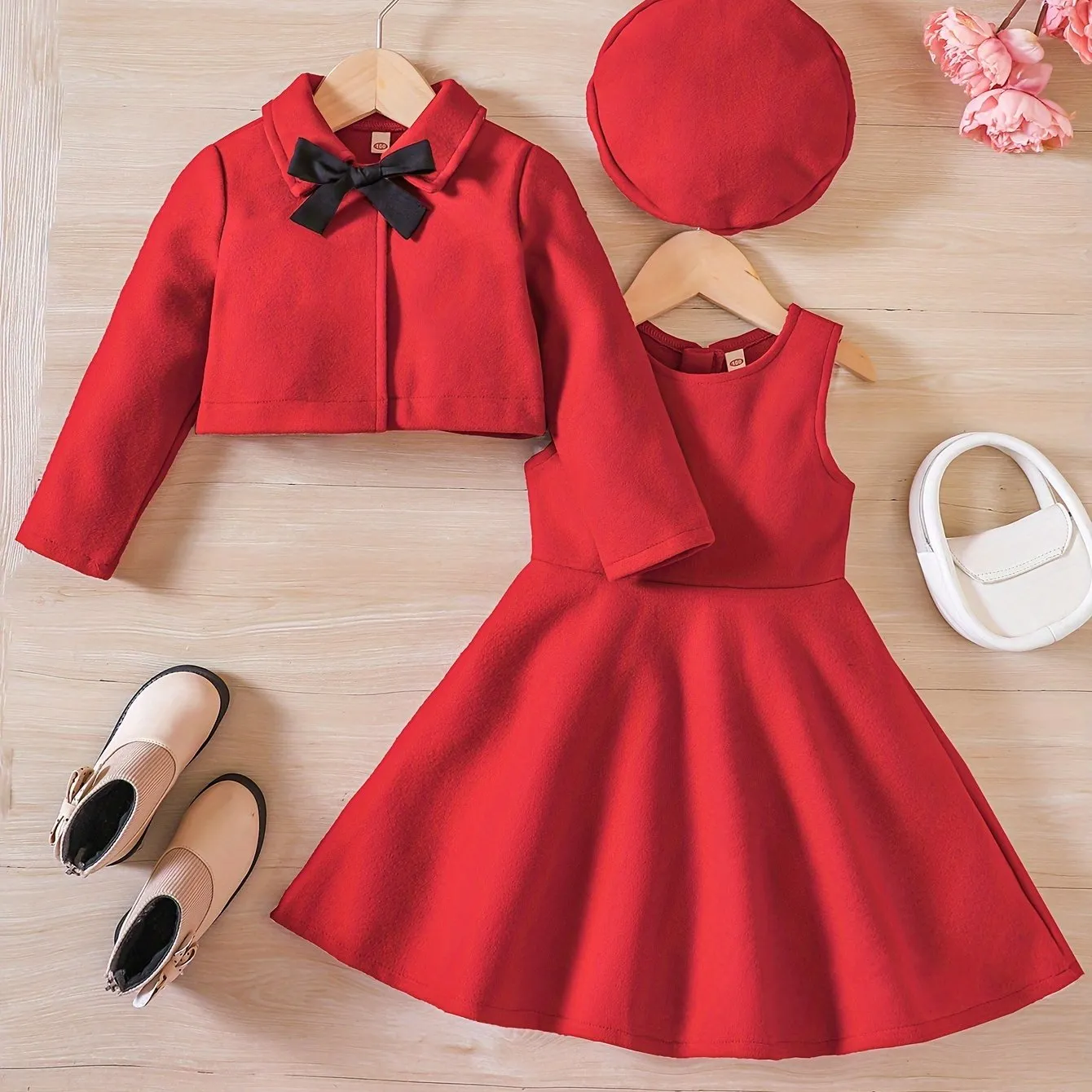 Elegant Girls' Outfit Set – Sleeveless Dress, Long-Sleeve Coat, and Beret