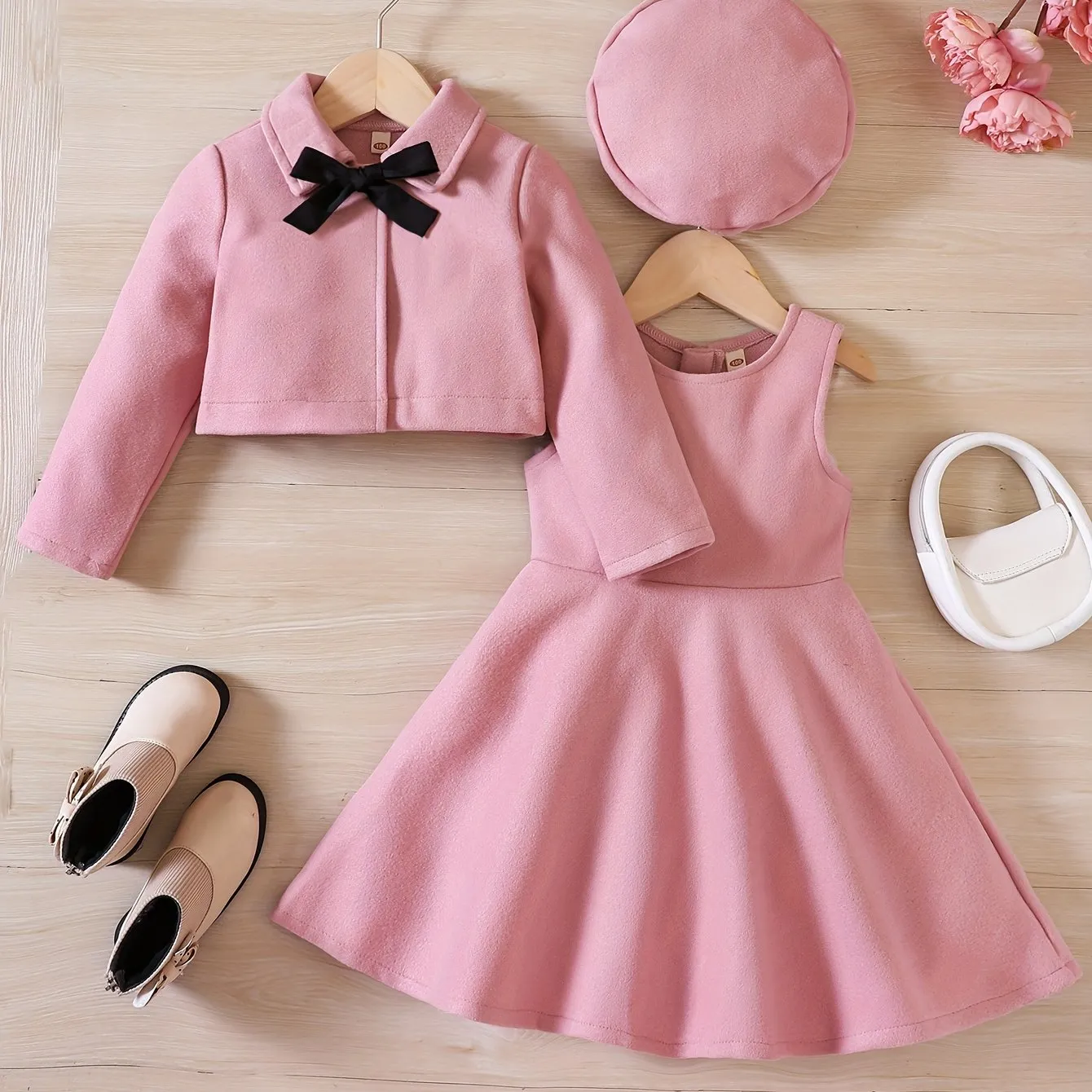 Elegant Girls' Outfit Set – Sleeveless Dress, Long-Sleeve Coat, and Beret