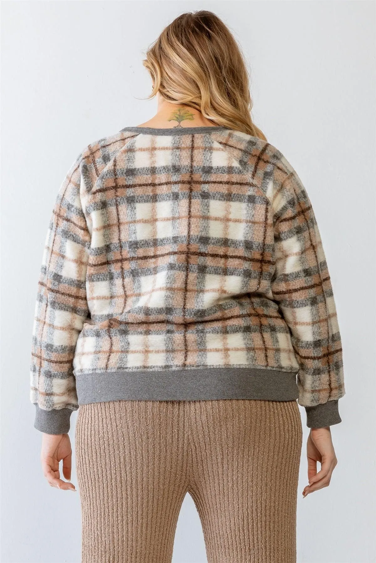 Junior Plus Mocha Wildfire Plaid Cotton Blend Long Sleeve Sweater /1-2-1