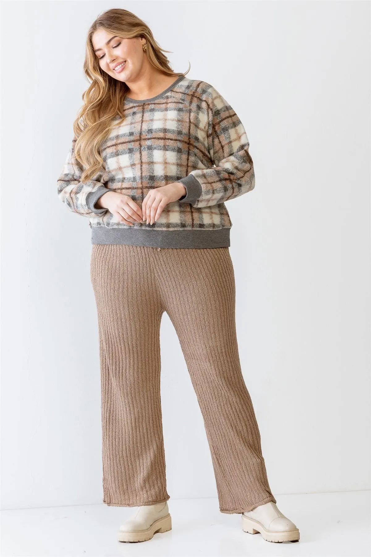Junior Plus Mocha Wildfire Plaid Cotton Blend Long Sleeve Sweater /1-2-1