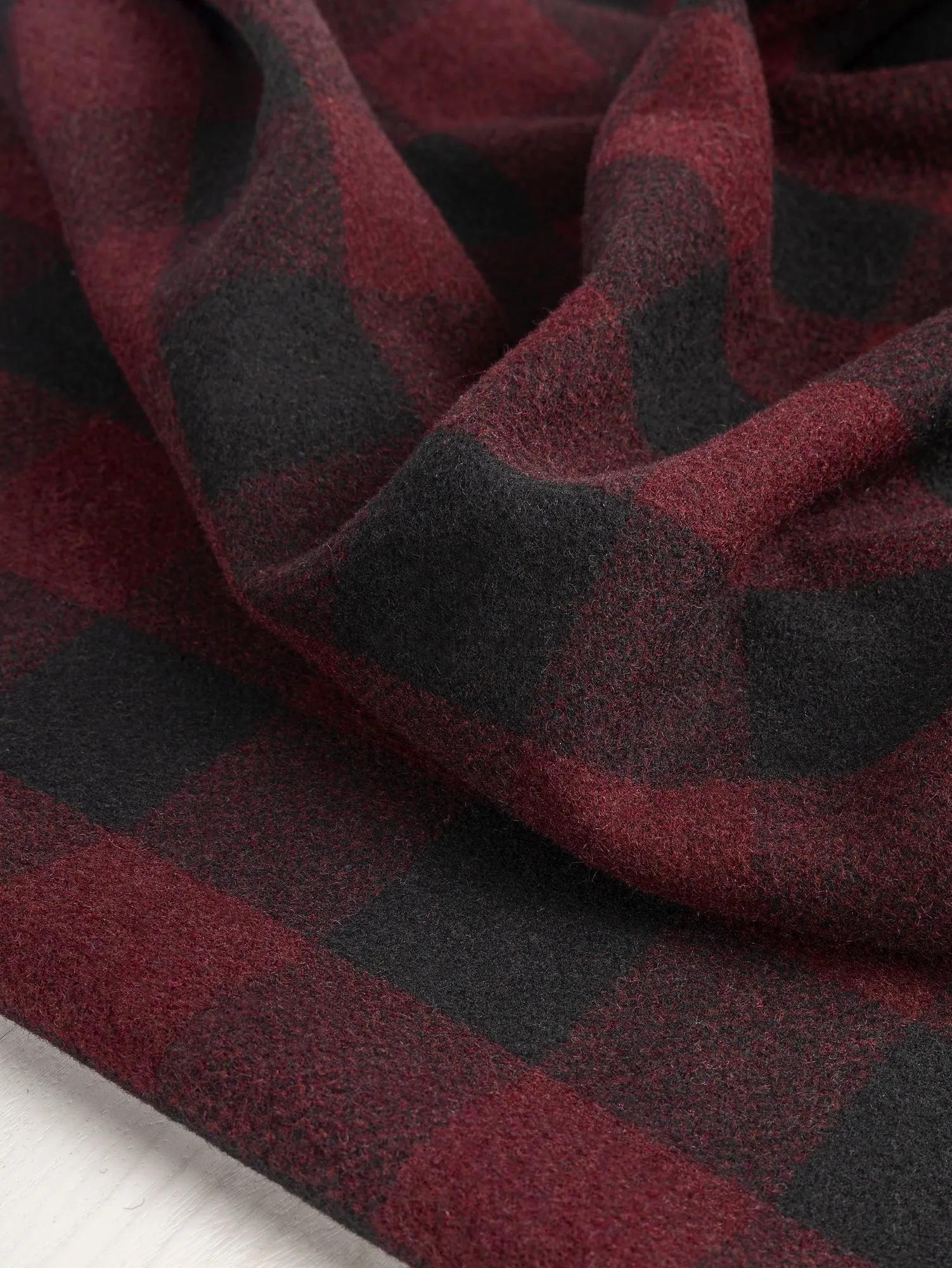 Large Buffalo Check Wool Blend Coating Deadstock - Bordeaux   Black - Swatch