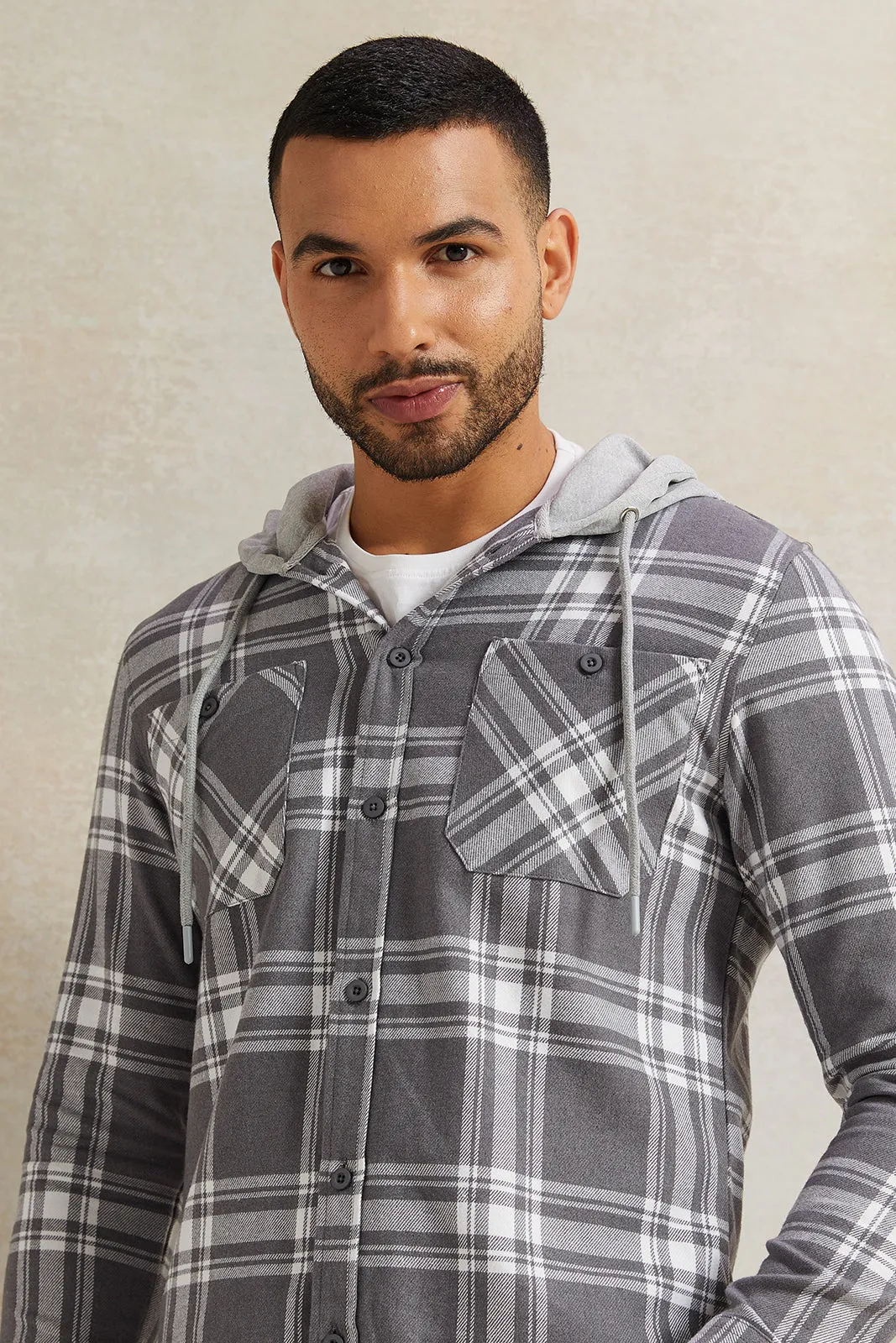 Men Grey Hooded Checkered Shirt