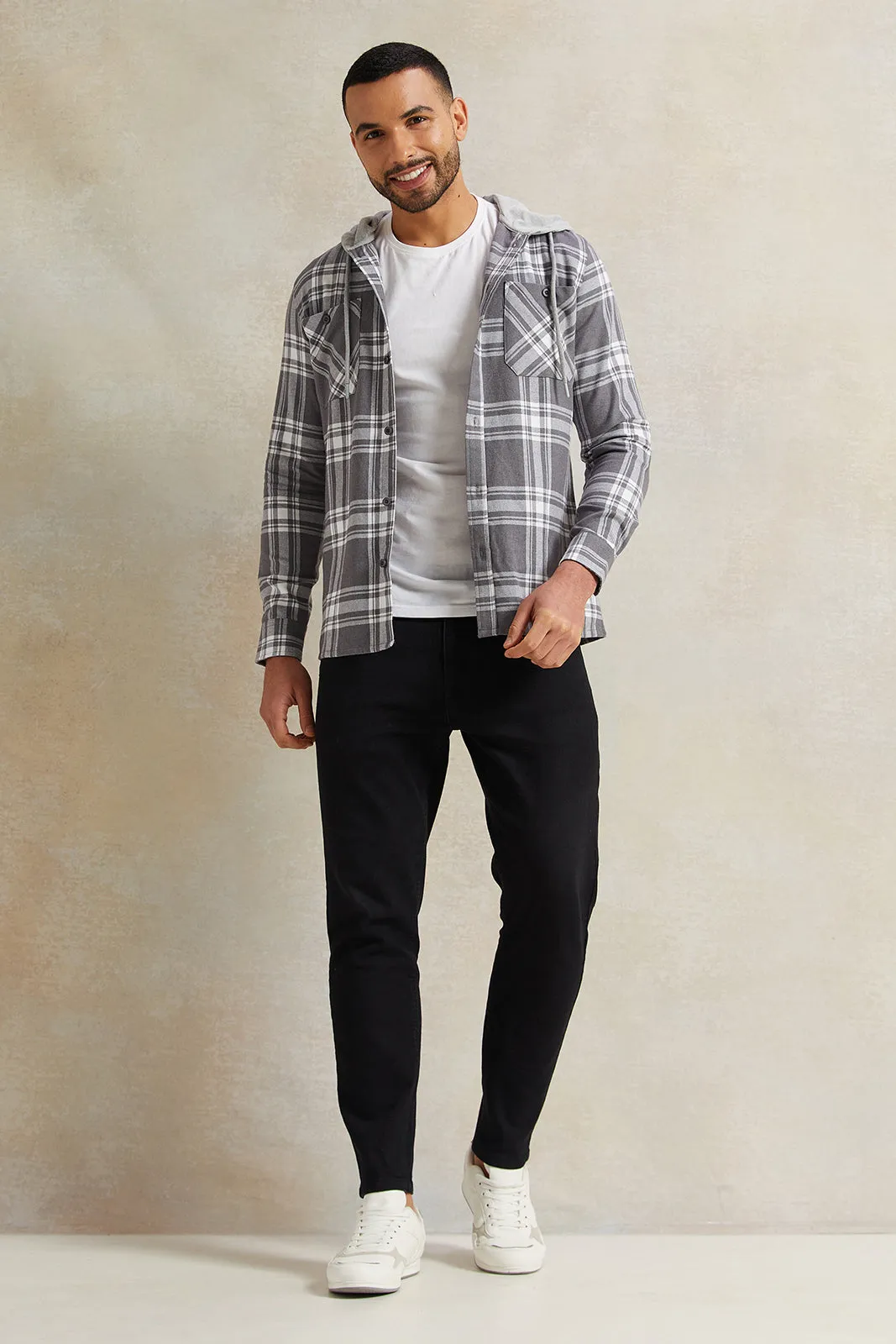 Men Grey Hooded Checkered Shirt