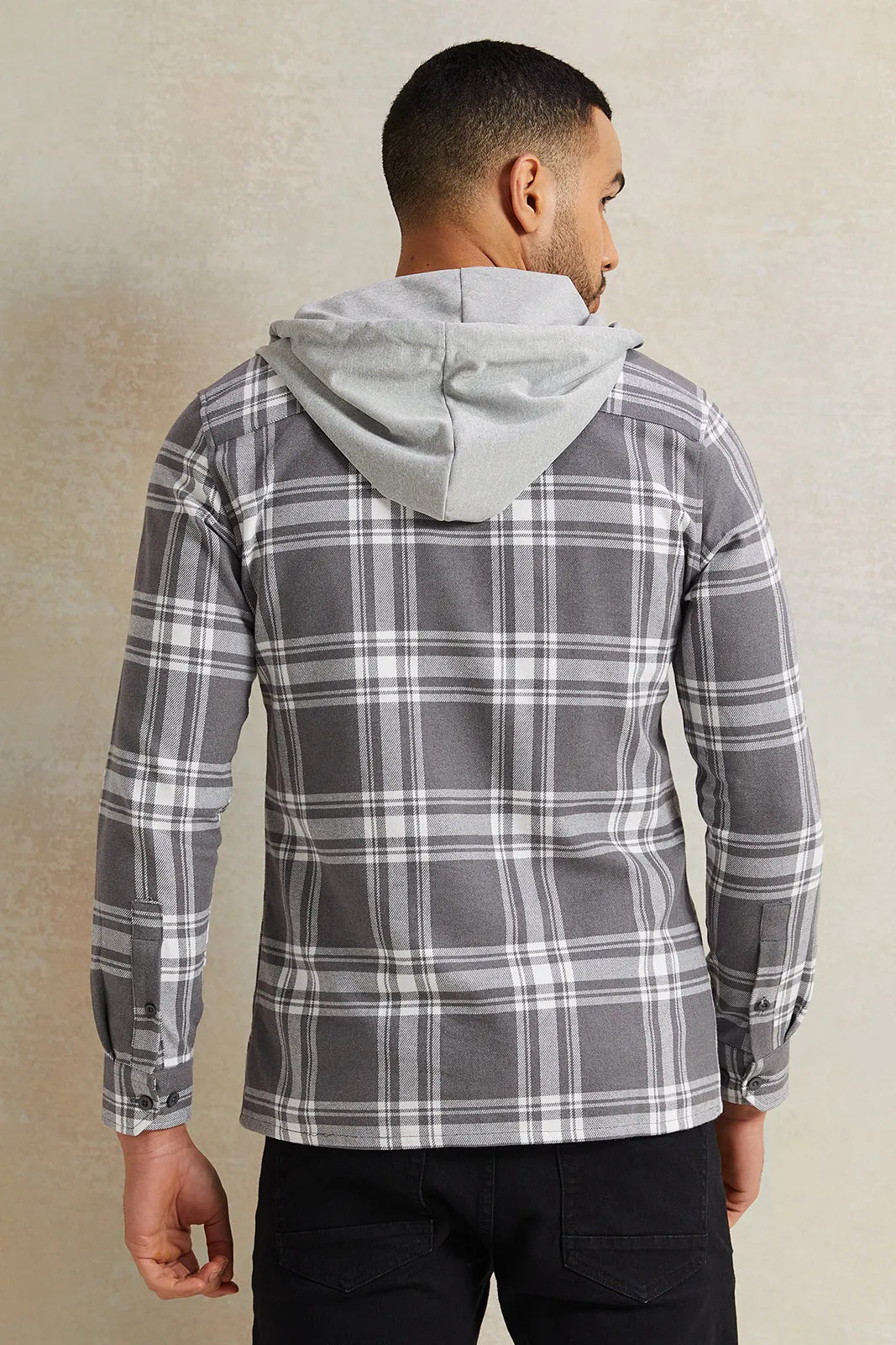 Men Grey Hooded Checkered Shirt