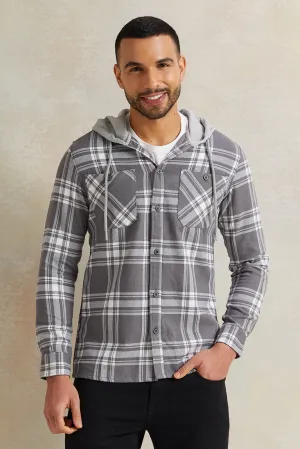 Men Grey Hooded Checkered Shirt