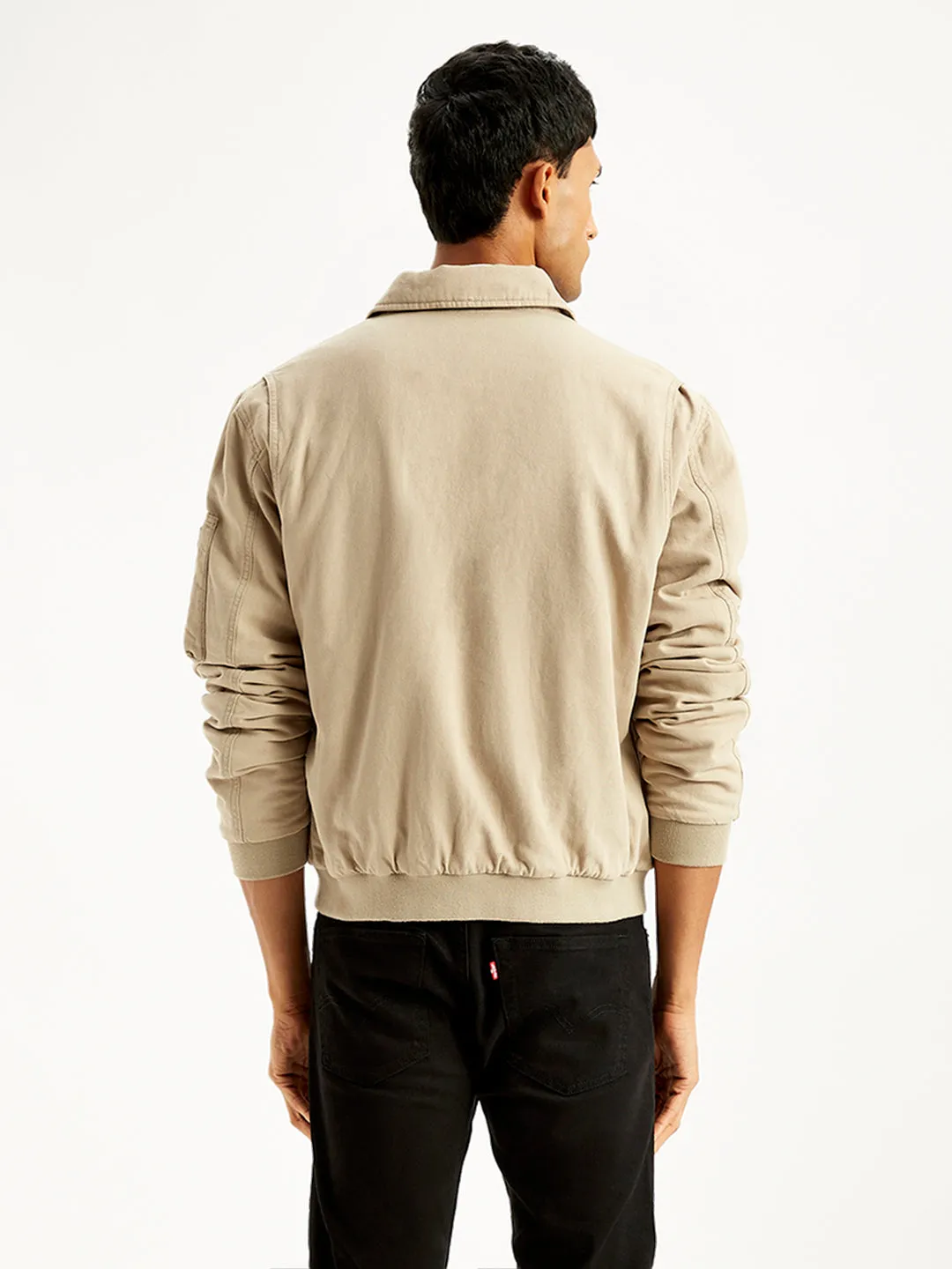 Men's Solid Beige Spread Collar Bomber Jacket