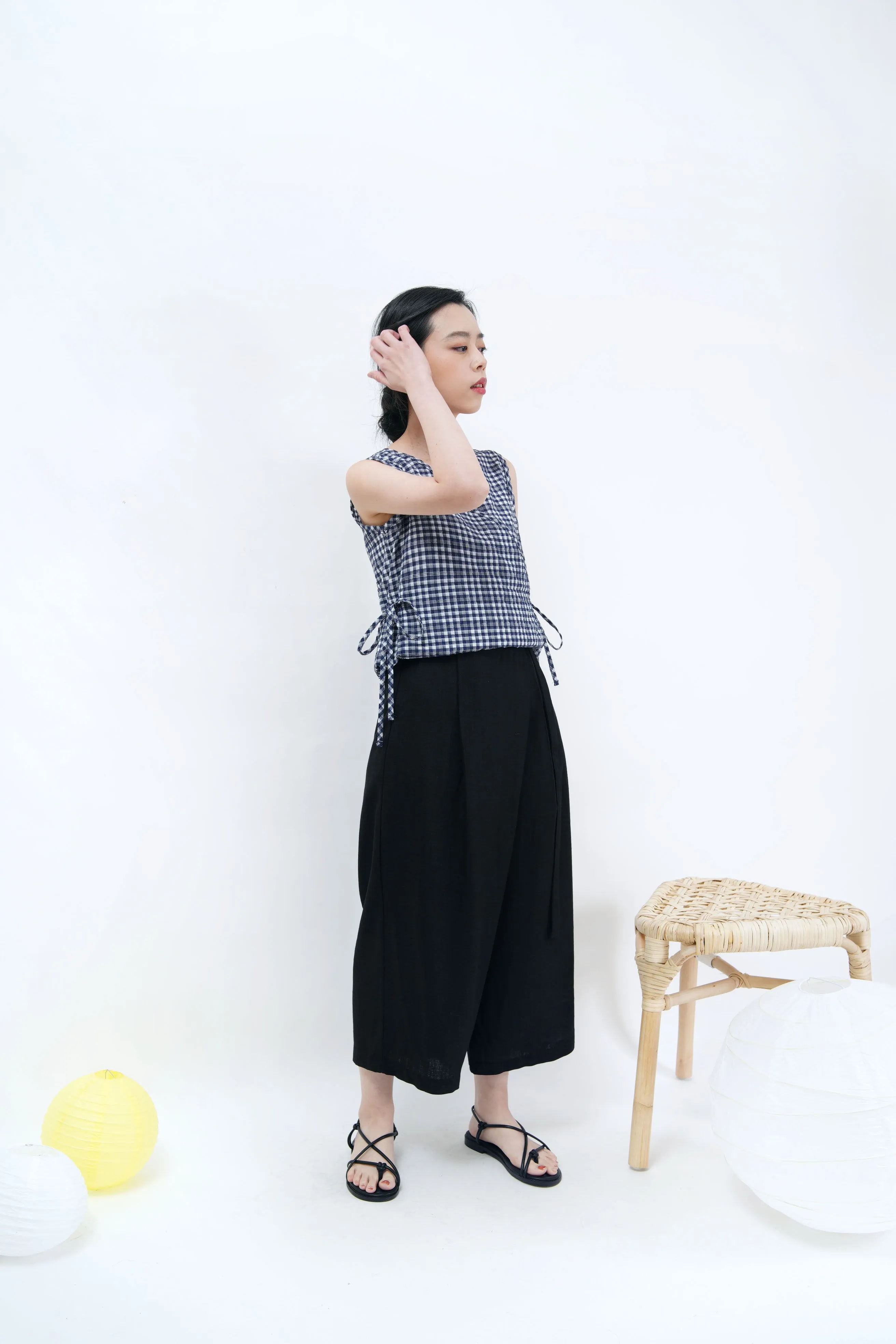 Navy checked v neck vest w/ waist strings