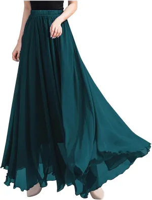 Oplxuo Women's Elastic Waist Chiffon Flowy Maxi Skirt Full Length A-Line Beach Long Skirts