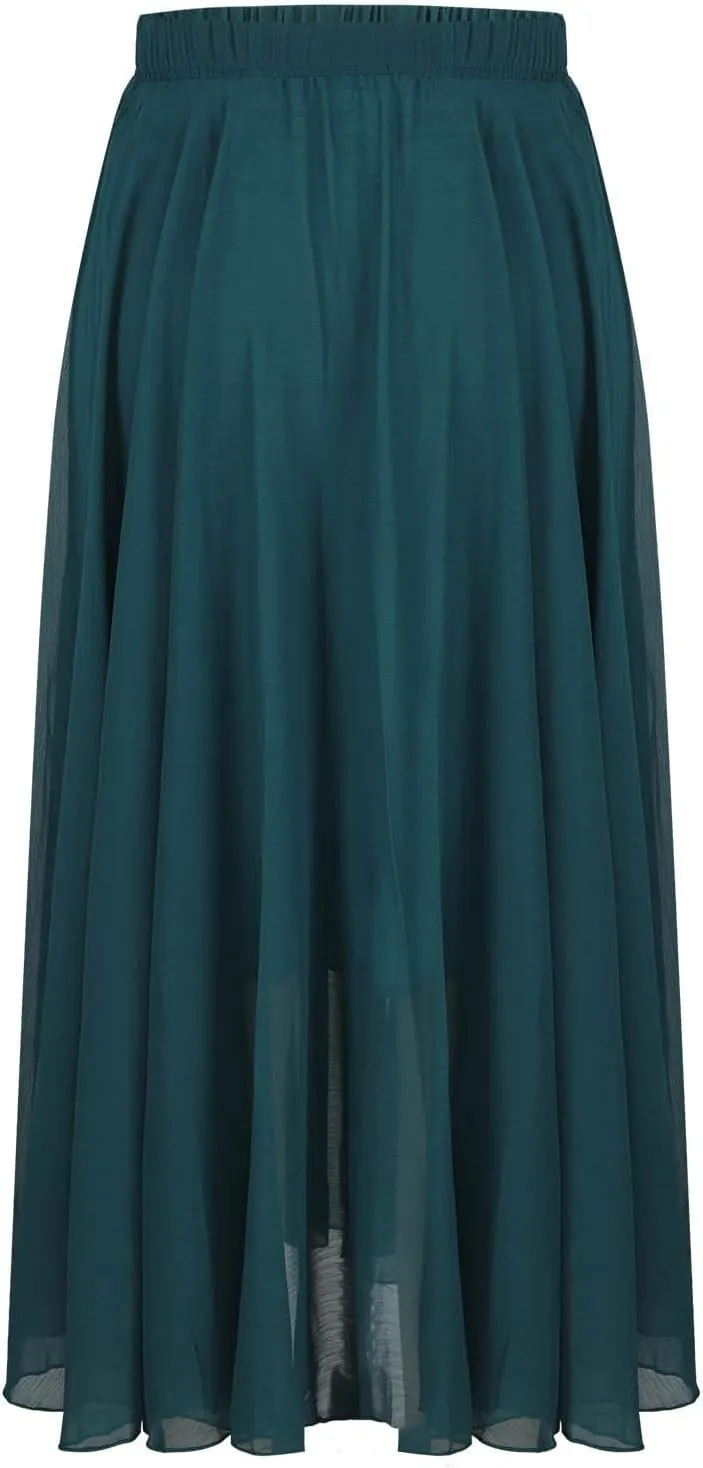 Oplxuo Women's Elastic Waist Chiffon Flowy Maxi Skirt Full Length A-Line Beach Long Skirts