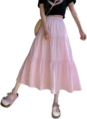 Plaid A-Line Maxi Skirt for Women Casual Elastic Waist Long Skirts