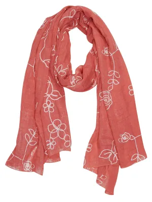 Rose Coral Peach Couture Sheer Soft Cloth Floral Embroidered Flower Summer Shawl Scarf Wrap