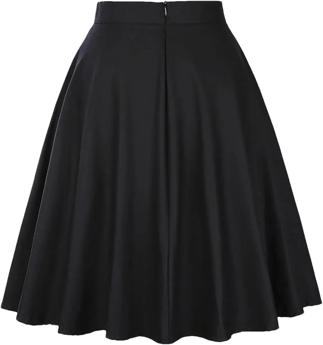 Swomen French Midi Skater Skirt Cotton High Waist A Line Skirts Solid Rockabilly Swing Skirts