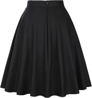 Swomen French Midi Skater Skirt Cotton High Waist A Line Skirts Solid Rockabilly Swing Skirts