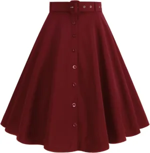 Vintage Midi Skirts for Women Solid Color High Waist Button Front Knee Length A-Line Skirt