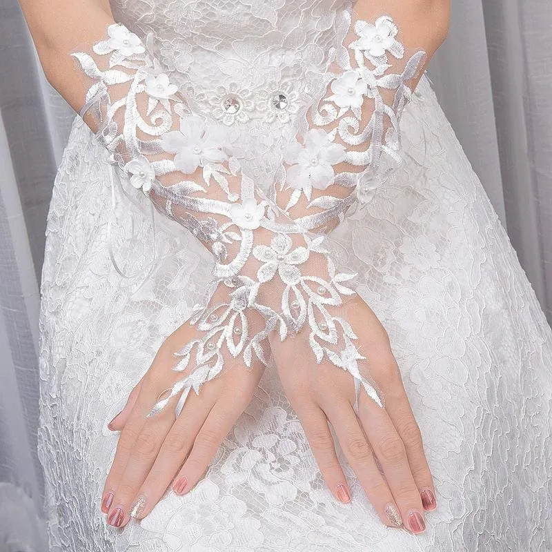 White Lace Sequins Beads Lace  Wedding Glove