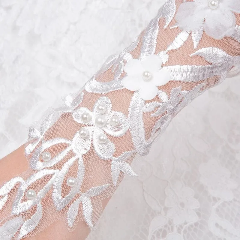 White Lace Sequins Beads Lace  Wedding Glove