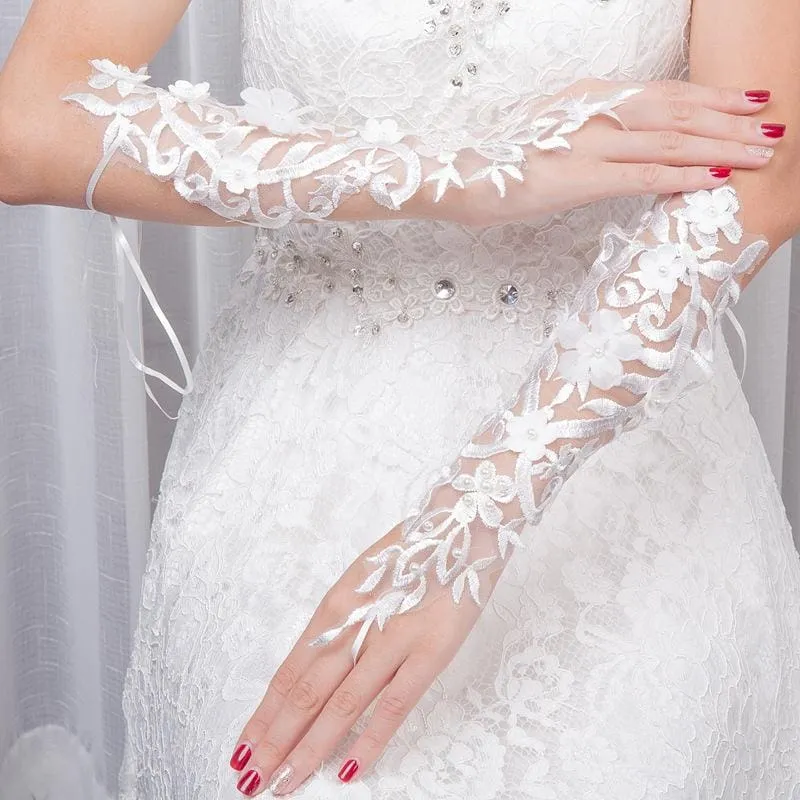 White Lace Sequins Beads Lace  Wedding Glove