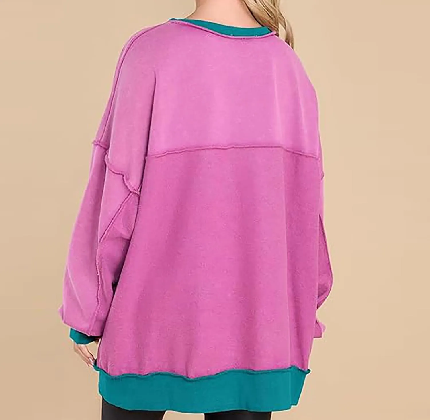 Women Oversized Sweatshirt Tops Colors Block Cute Sweater Comfort Button Ncek Pullover 2024 Fall Fashion Clothing