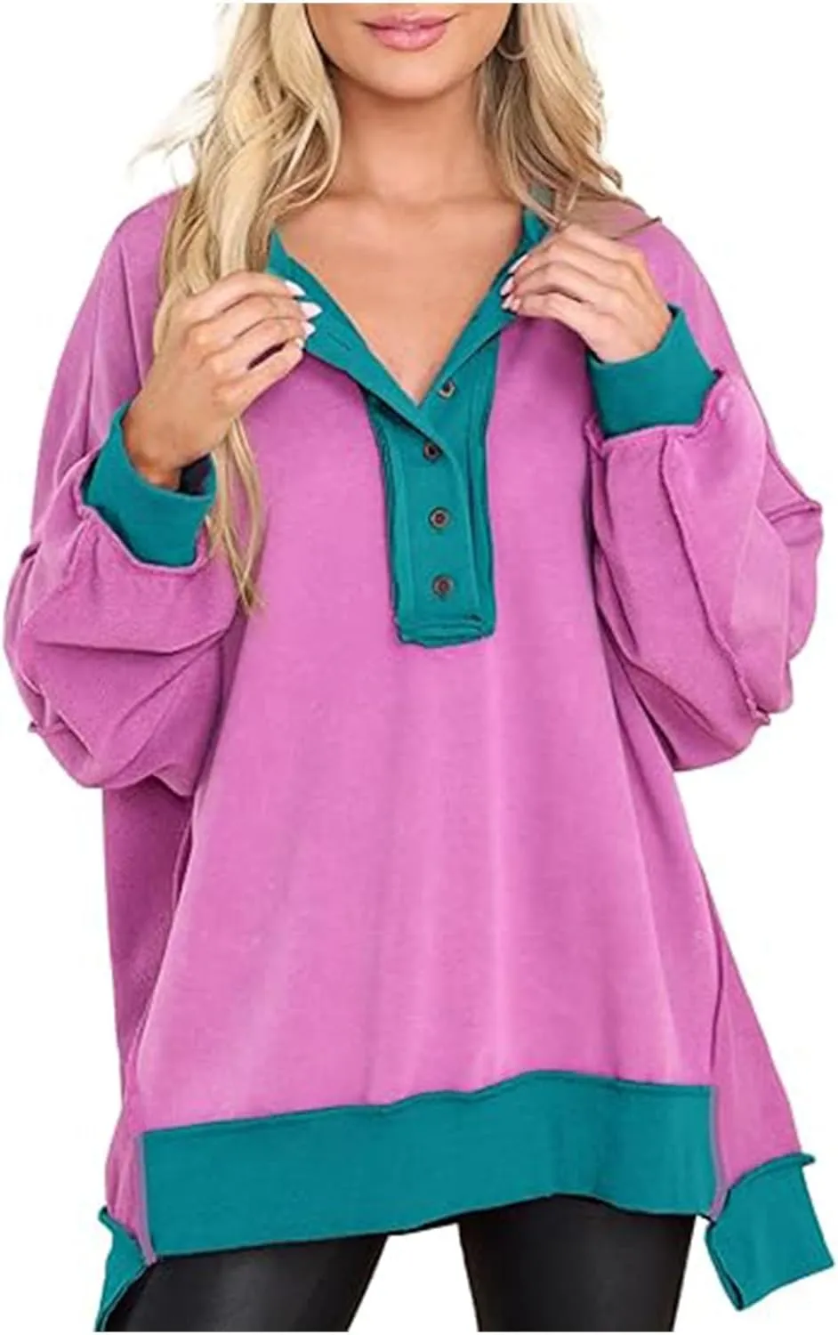 Women Oversized Sweatshirt Tops Colors Block Cute Sweater Comfort Button Ncek Pullover 2024 Fall Fashion Clothing