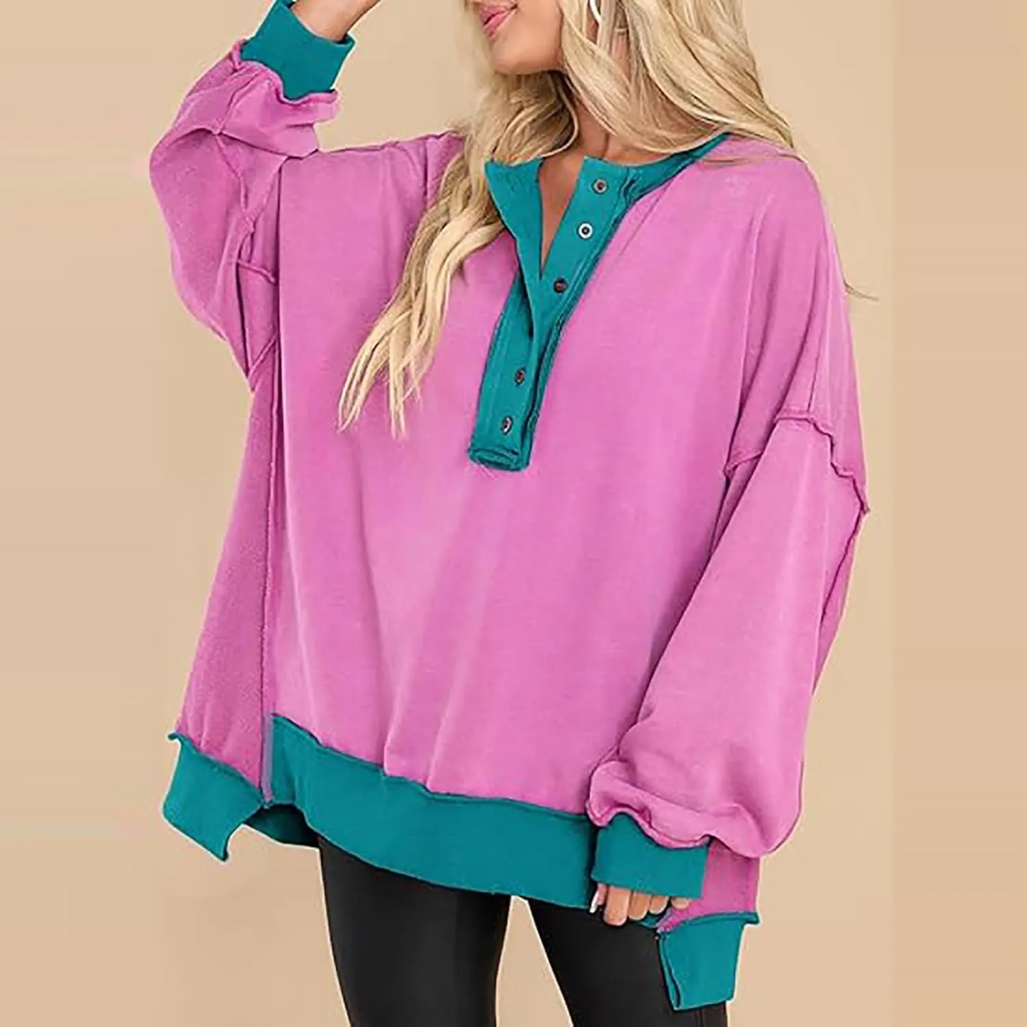 Women Oversized Sweatshirt Tops Colors Block Cute Sweater Comfort Button Ncek Pullover 2024 Fall Fashion Clothing