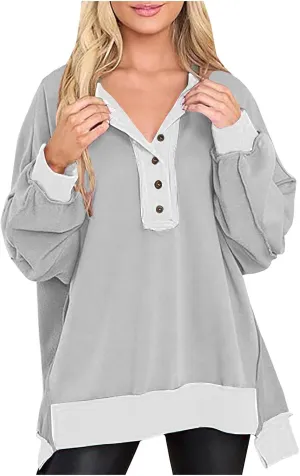 Women Oversized Sweatshirt Tops Colors Block Cute Sweater Comfort Button Ncek Pullover 2024 Fall Fashion Clothing