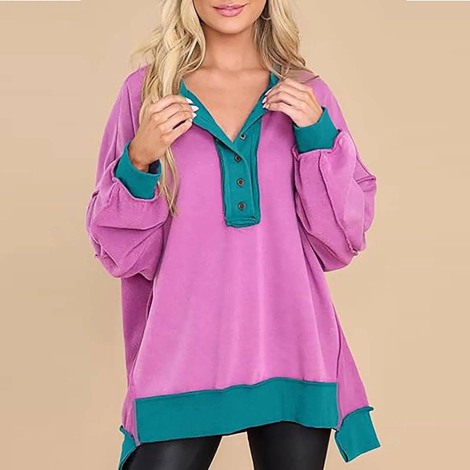 Women Oversized Sweatshirt Tops Colors Block Cute Sweater Comfort Button Ncek Pullover 2024 Fall Fashion Clothing