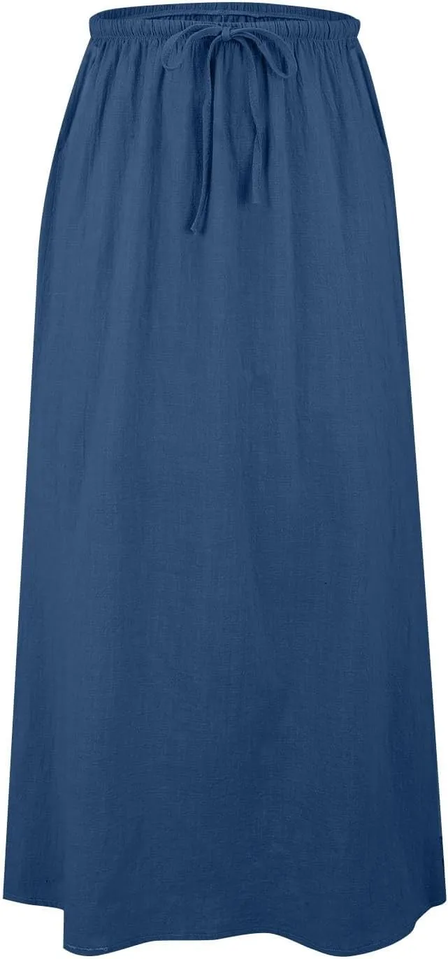 Womens Linen Skirt ummer Casual Maxi Skirt Drawstring Low Rise A-Line Flowy Boho Beach Vacation Outfits