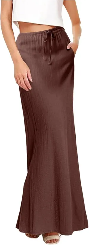 Womens Linen Skirt ummer Casual Maxi Skirt Drawstring Low Rise A-Line Flowy Boho Beach Vacation Outfits