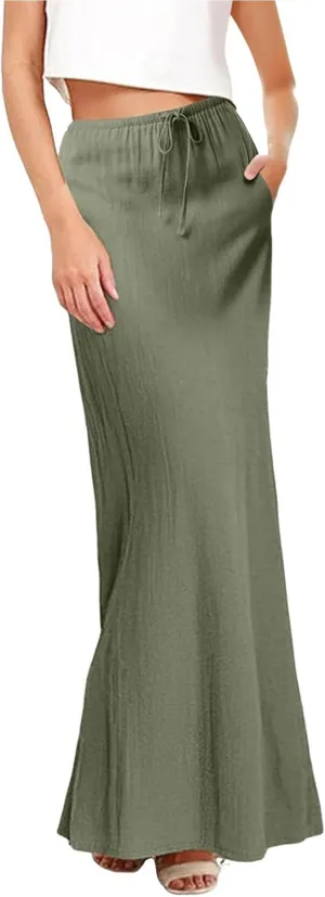Womens Linen Skirt ummer Casual Maxi Skirt Drawstring Low Rise A-Line Flowy Boho Beach Vacation Outfits