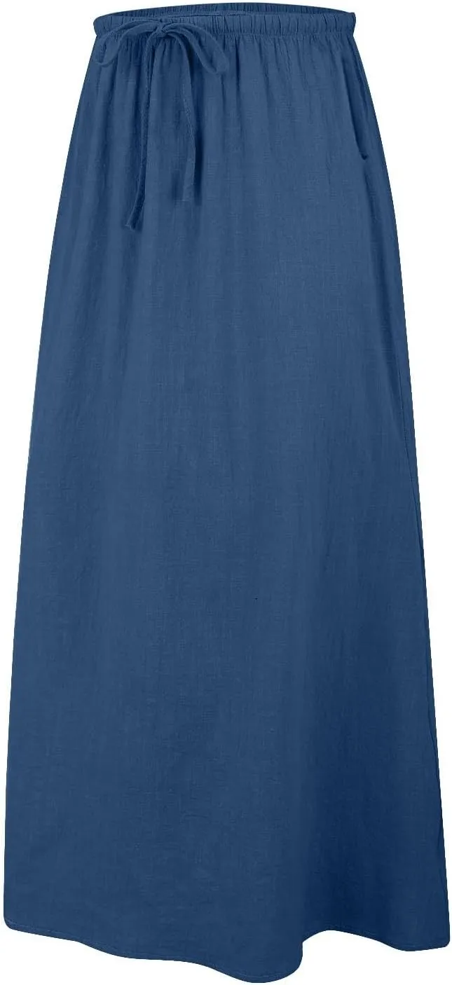 Womens Linen Skirt ummer Casual Maxi Skirt Drawstring Low Rise A-Line Flowy Boho Beach Vacation Outfits