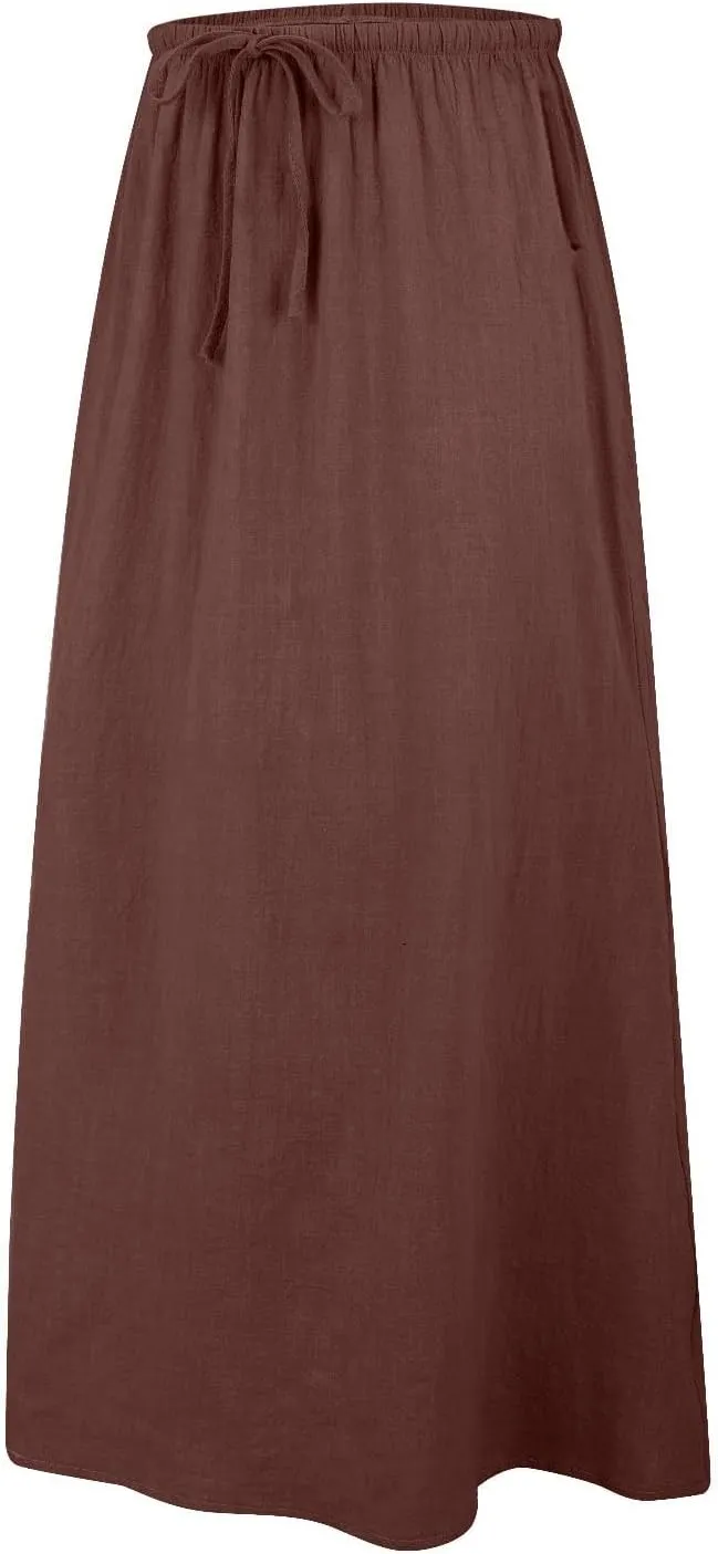 Womens Linen Skirt ummer Casual Maxi Skirt Drawstring Low Rise A-Line Flowy Boho Beach Vacation Outfits