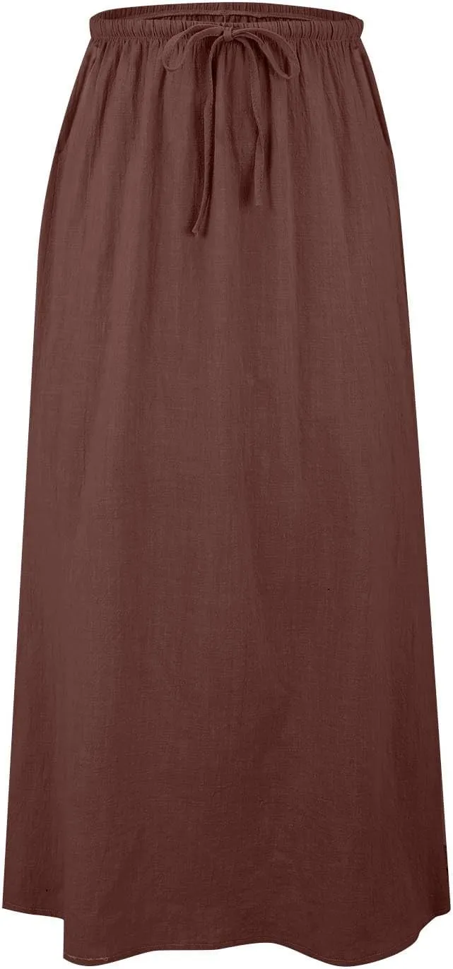 Womens Linen Skirt ummer Casual Maxi Skirt Drawstring Low Rise A-Line Flowy Boho Beach Vacation Outfits