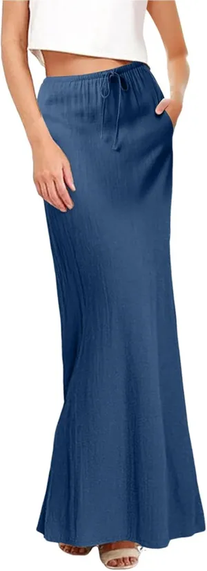 Womens Linen Skirt ummer Casual Maxi Skirt Drawstring Low Rise A-Line Flowy Boho Beach Vacation Outfits