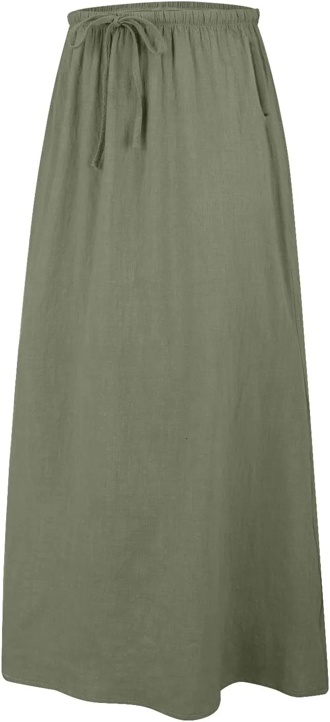 Womens Linen Skirt ummer Casual Maxi Skirt Drawstring Low Rise A-Line Flowy Boho Beach Vacation Outfits
