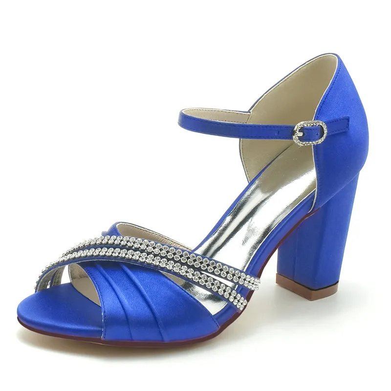 Women's Wedding Shoes Double Row Rhinestones Opened Toe High Heel Buckle Bridal Shoes