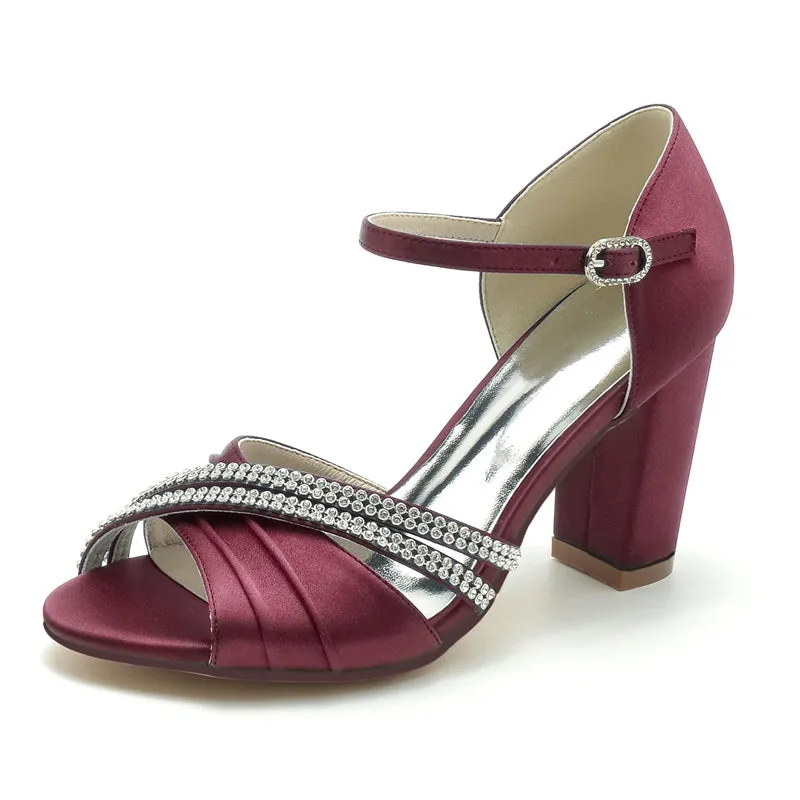 Women's Wedding Shoes Double Row Rhinestones Opened Toe High Heel Buckle Bridal Shoes