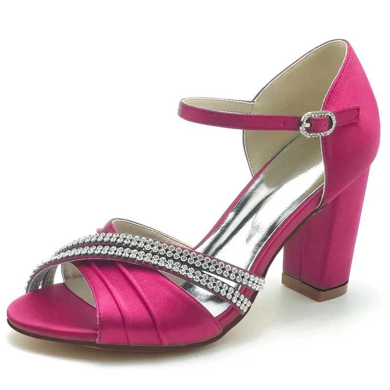 Women's Wedding Shoes Double Row Rhinestones Opened Toe High Heel Buckle Bridal Shoes