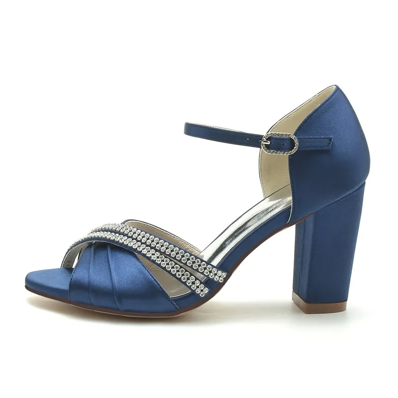 Women's Wedding Shoes Double Row Rhinestones Opened Toe High Heel Buckle Bridal Shoes